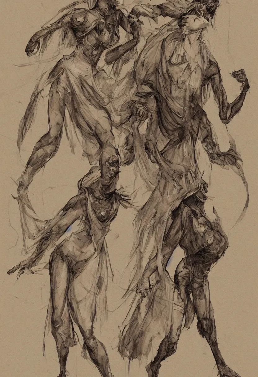 Prompt: callipygian well shaped female ghost fighting a mummy, confident pose, coherent, insane detail, concept art, character concept