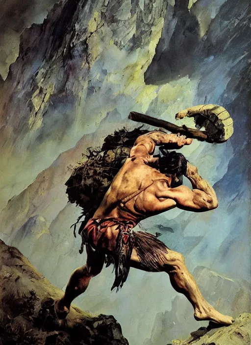 Image similar to portrait of barbarian on mountain, coherent! by mariusz lewandowski, by frank frazetta, deep color, strong line, high contrast