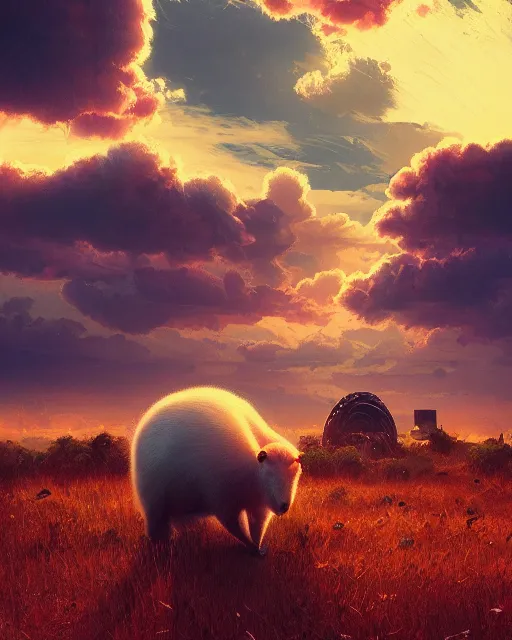 Prompt: white capybara at halo reach, surreal photography, sunrise dramatic light, impressionist painting, colorful clouds, digital painting, artstation, kilian eng, john harris, bastien lecouffe - deharme, simon stalenhag, flower face