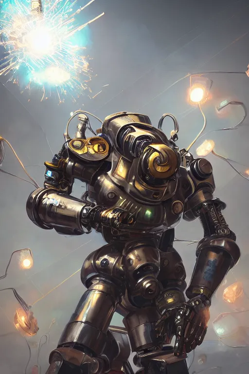 Prompt: chrome colored steampunk robot with electric particle effects, dynamic, action pose, digital painting, WLOP, trending on artstation, 8k, epic composition, highly detailed, sharp focus