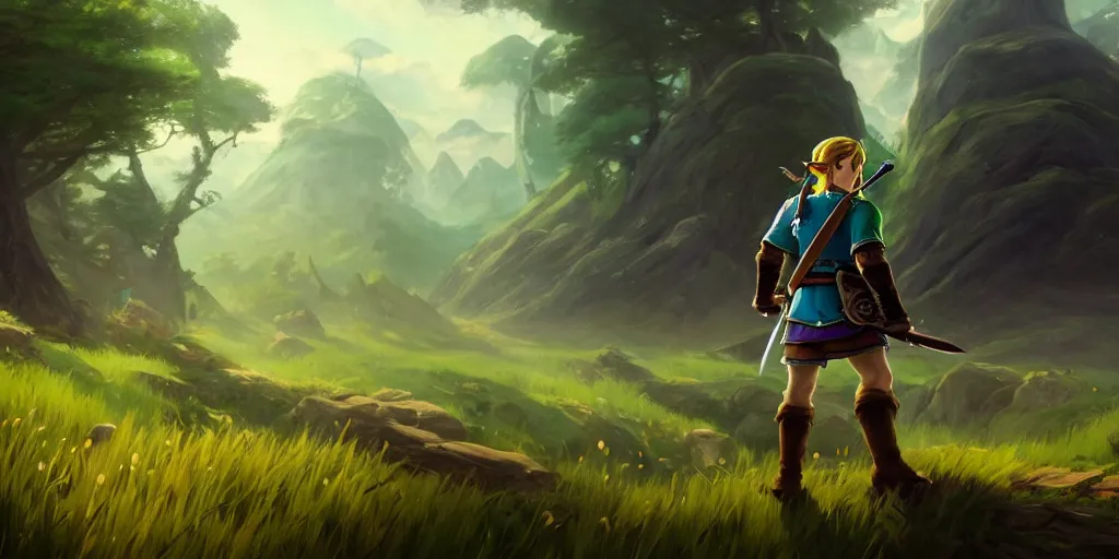 Prompt: the legend of zelda breathe of the wild, zelda standing on a green grassy landscape, sharp, detailed, extremely detailed digital painting, in the style of fenghua zhong and ruan jia and jeremy lipking and peter mohrbacher, mystical colors, rim light, beautiful lighting, 8 k, stunning scene, raytracing, octane, trending on artstation