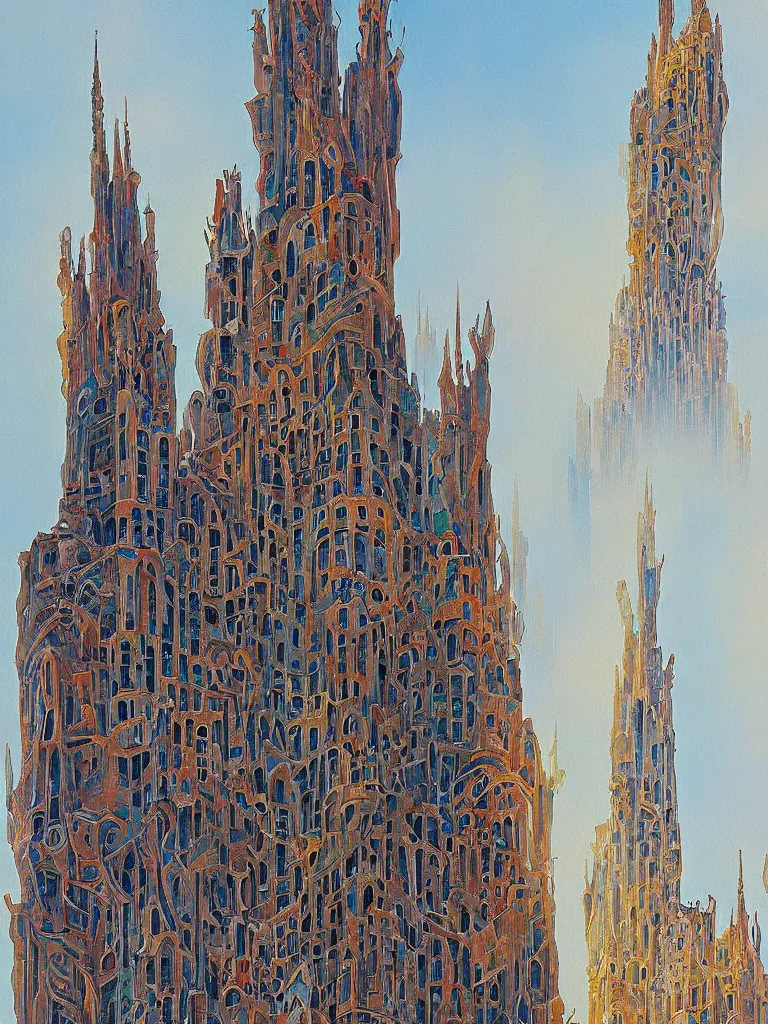 Prompt: A painting of a skyscraper designed by Antoni Gaudí, trending on artstation