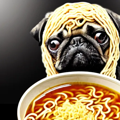 Image similar to An adorable pug sitting in a pot of ramen noodle soup atop a stove, high resolution photograph