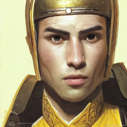 Image similar to Medium closeup young idealistic and pious homely male Imperial soldier wearing a black tabard with light yellow accents over a gambeson and a small!!! barbut helm, by Raymond Swanland Greg Rutkowski Lise Deharm, {perfect face}, {perfect eyes}, {uncertain look}, {on edge}