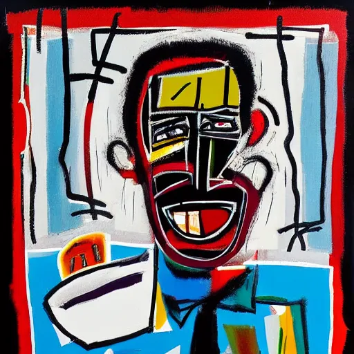 Prompt: It's early morning. Sunlight is pouring through the window lighting the face of a joyous man drinking a hot cup of coffee. A new day has dawned bringing with it new hopes and aspirations. Painted in the style of Basquiat, 1987
