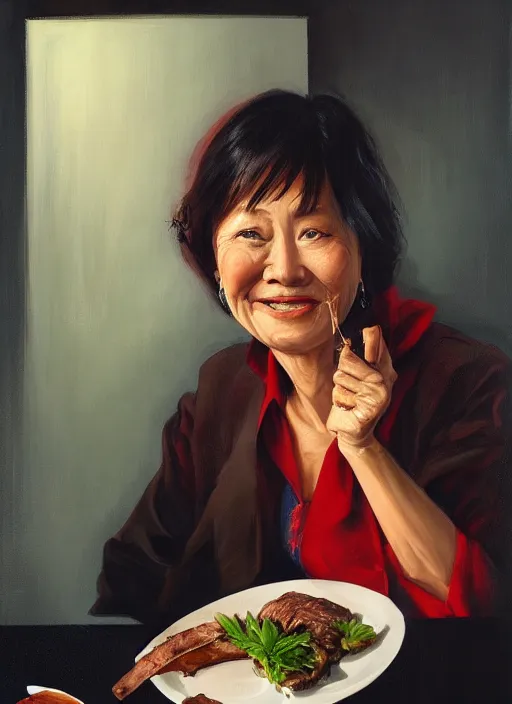 Prompt: irina hakamada 7 0 years old eating steak, portrait by greg hildebrandt, studio lighting, muted colors, by terry richardson, by frank frazetta, extreme detail, reflections, trending on artstation, 8 k