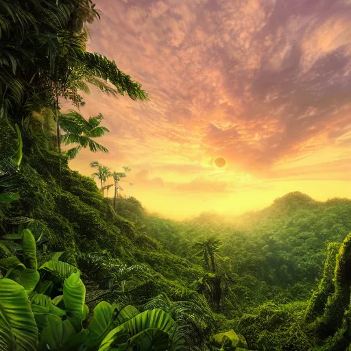 Prompt: professional photo of a jungle similar to the first level of donkey kong country, by discovery magazine, real life, photorealistic, sunset, soft focus, long exposure