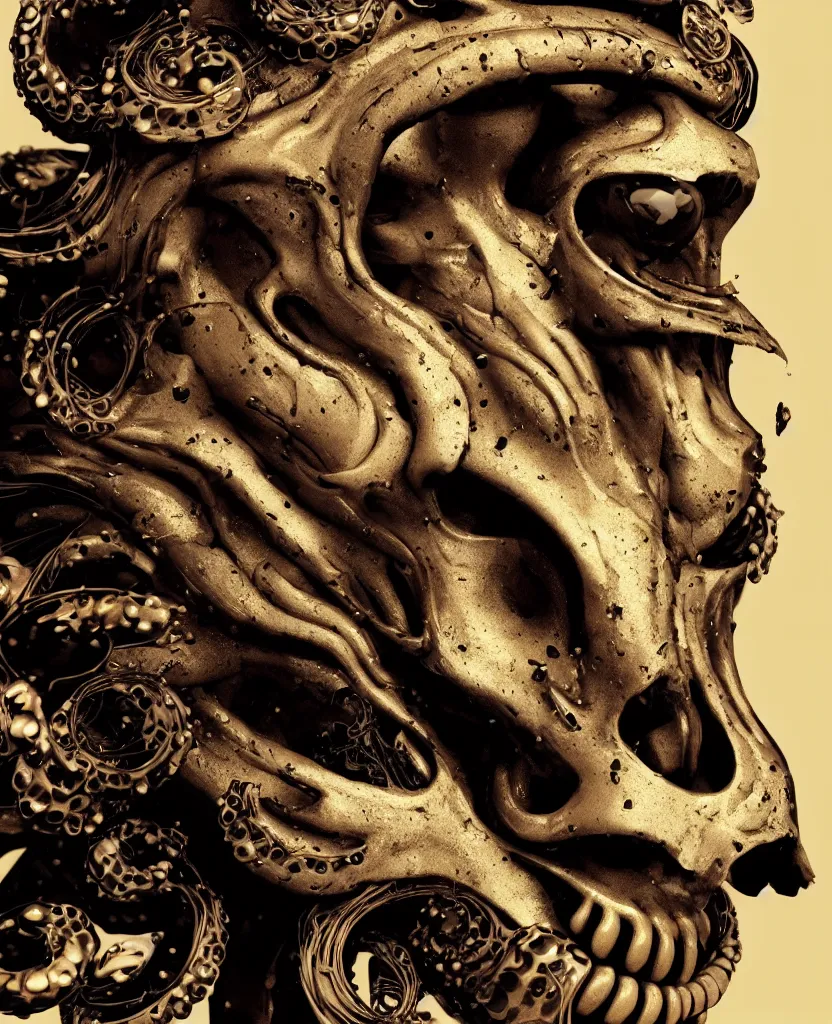 Image similar to goddess princess face close-up portrait ram skull. sculpture made of black clay and gold. jellyfish phoenix head, nautilus, orchid, skull, betta fish, bioluminiscent creatures, intricate artwork by Tooth Wu and wlop and beeple. octane render, trending on artstation, greg rutkowski very coherent symmetrical artwork. cinematic, hyper realism, high detail, octane render, 8k