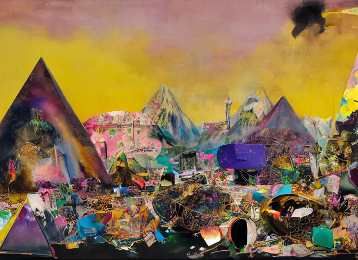 Prompt: dumpster with colorful huge baroque trash can, montain view landscape with a semitranslucent inverted floral pyramids, opaque shattered windows and twisted porcelain bats, in a golden sunset sky, by adrian ghenie, francis bacon, daniel richter and hilma af klint, highly detailed painting, graffiti letters, decollage, children painting, amateur