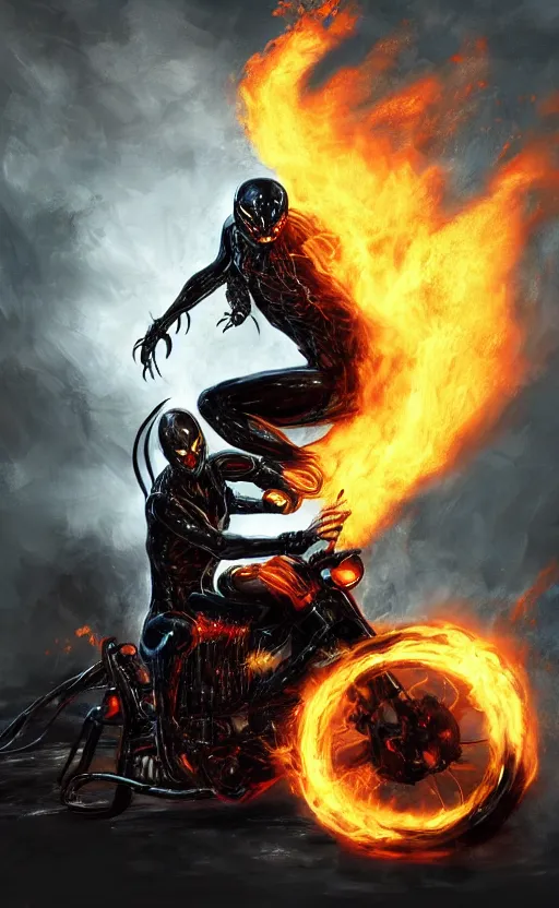 Prompt: venom as ghost rider on a motorcycle, dynamic lighting, photorealistic fantasy concept art, trending on art station, stunning visuals, terrifying, creative, cinematic