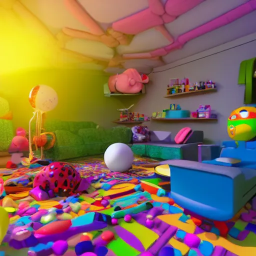 Image similar to beautiful katamari crazy interior of a house, lots of items toys all over the floor and walls, cartoon pixar style, volumetric lighting, bright refined highly detailed background, 3d model pixar render