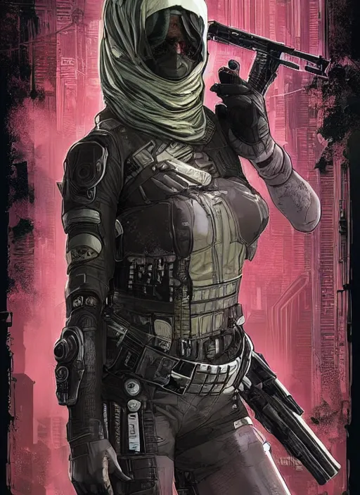 Prompt: cyberpunk blackops assassin. hijab. portrait by ashley wood and alphonse mucha and laurie greasley and josan gonzalez and james gurney. spliner cell, apex legends, rb 6 s, hl 2, d & d, cyberpunk 2 0 7 7. realistic face. dystopian setting.