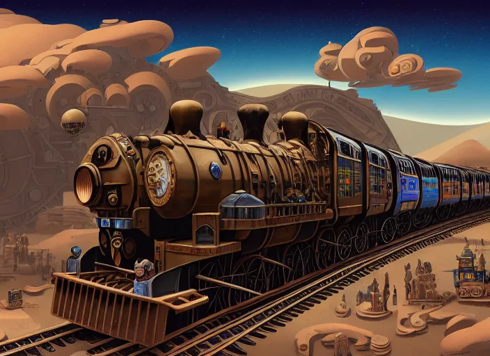 Image similar to a steampunk train by paolo eleuteri serpieri and tomer hanuka and chesley bonestell and daniel merriam and tomokazu matsuyama, unreal engine, high resolution render, featured on artstation, octane, 8 k, highly intricate details, vivid colors, vector illustration