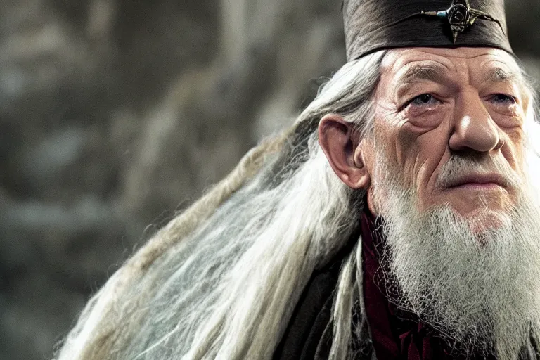 Image similar to film still of Ian McKellen as Albus Dumbledore in Harry Potter movie