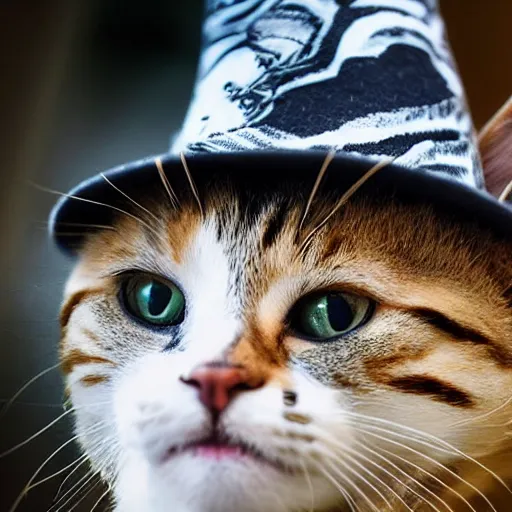 Prompt: photograph of a cat with witch's hat