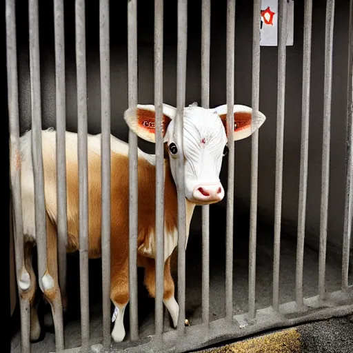 Image similar to cute calf with big eyes dressed as an inmate inside a jailcell