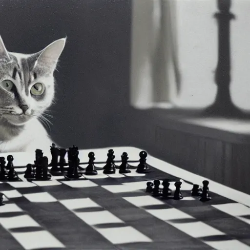 Prompt: of a matte painting of cat playing a game of chess