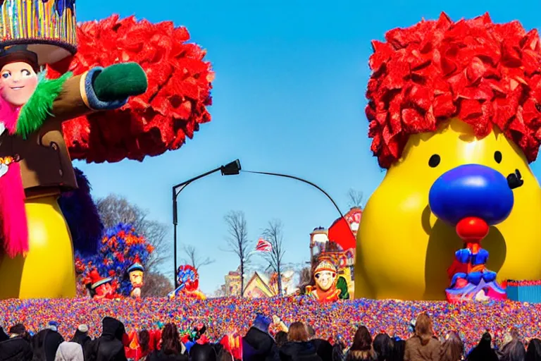 Prompt: photo of giant beautiful elaborate parade float character designed by ( ( ( ( ( ( ( ( eric carle ) ) ) ) ) ) ) ) and wes anderson!!!!!!!!!!!!!!, in the macys parade, detailed 4 k photo,