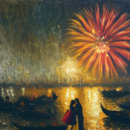 Image similar to an oil painting of couple kissing, in a background fireworks in venice