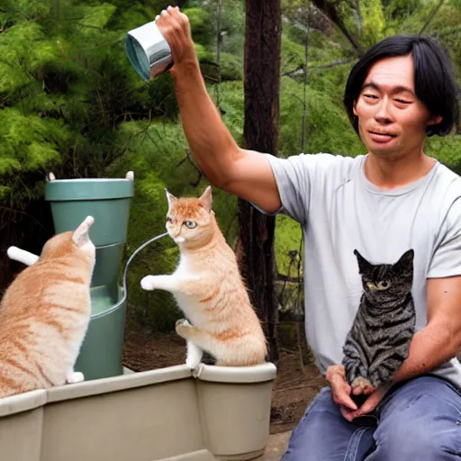 Image similar to asian jesus playing with cats with a water bucket and a whip