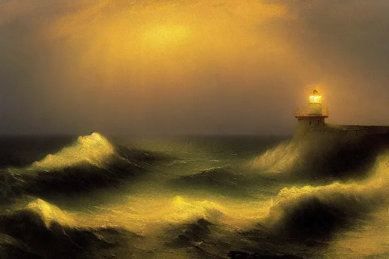 Prompt: lighthouse lit by crepuscular ray of sun, dark, stormy, cliff, crashing waves, sea, headland, carl spitzweg, david curtis, jmw turner, ivan aivazovsky, morgan weistling, seascape