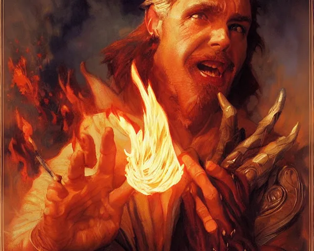 Image similar to attractive male wizard casting powerful fire spell. highly detailed painting by gaston bussiere, craig mullins, j. c. leyendecker 8 k