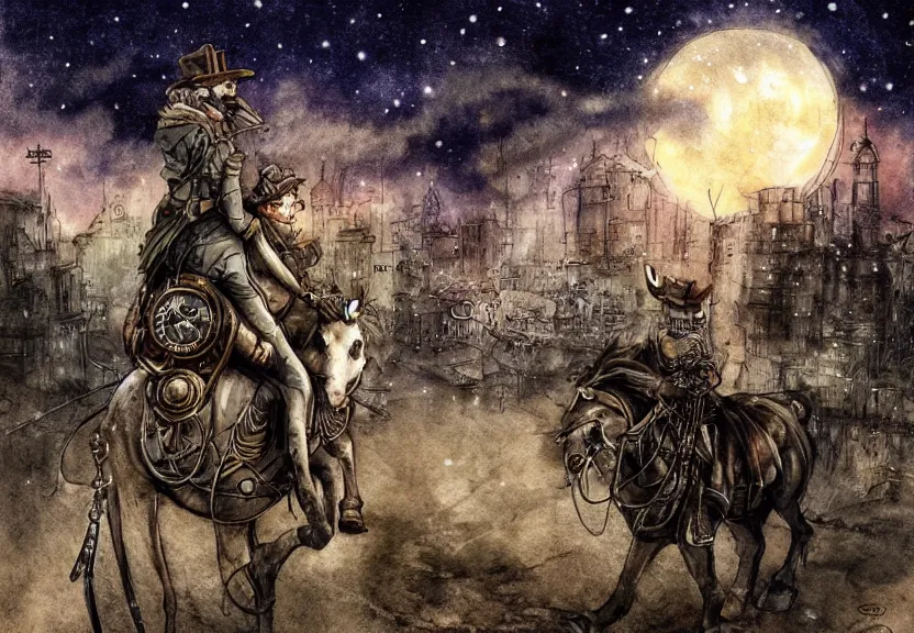 Image similar to possum riding a horse through a steampunk city at night under a dark starred sky, dark fantasy, digital art, watercolor, high detail, dreaming illusion