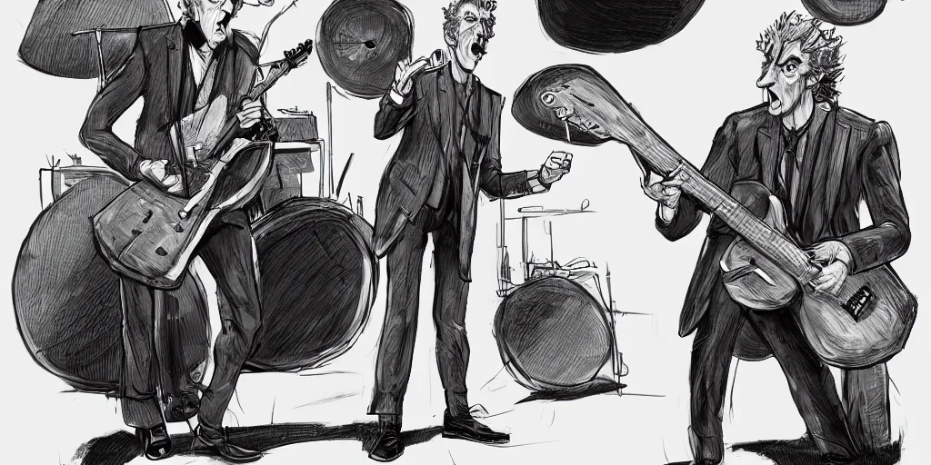 Image similar to cartoonish peter capaldi jamming with his band, character sheet, fine details, concept design, contrast, kim jung gi, greg rutkowski, trending on artstation, 8 k, full body, turnaround, front view, back view, ultra wide angle