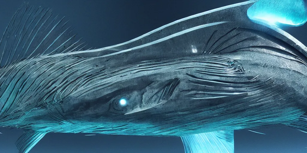 Image similar to sailfish, stylized layered textures, long flowing fins, bioluminescent orbs, 3 d render, substance painter, glowing eye, smooth, sharp focus, art by h r giger