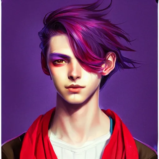 Image similar to colorful and festive captivating teenager boy with straight indigo hair, purple eyes with red eye markers, slim body, wearing a detailed japanese kimono. rich vivid colors, ambient lighting, dynamic lighting, 4 k, atmospheric lighting, painted, intricate, highly detailed by charlie bowater