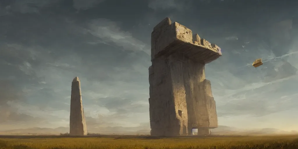 Prompt: wide shot of a tall and thin monolithic structure hovering in the air high above a cornfield, late afternoon, golden hour, highly detailed, smooth, sharp focus, concept art by greg rutkowski and ruan jia