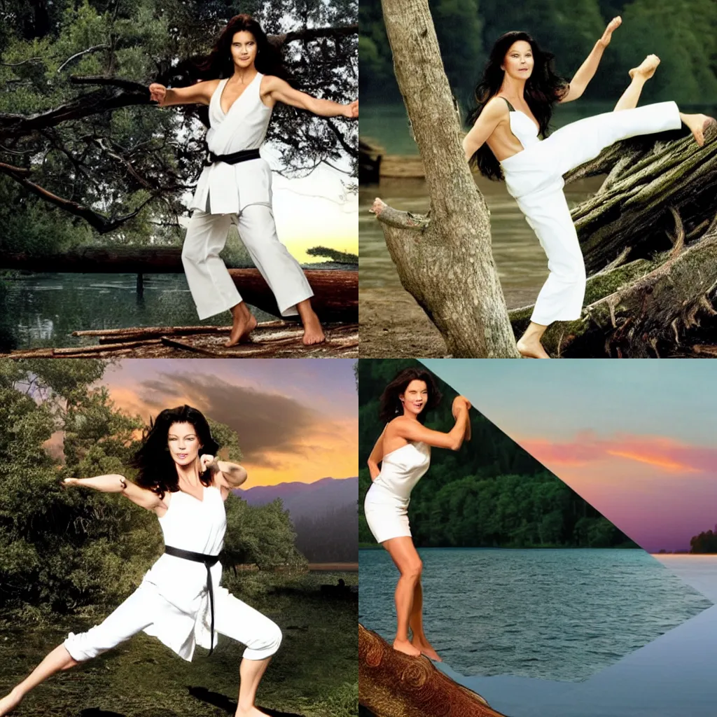 Prompt: Catherine zeta jones doing karate on a fallen tree near a lake in a white dress epic scene hyperrealistic sunset