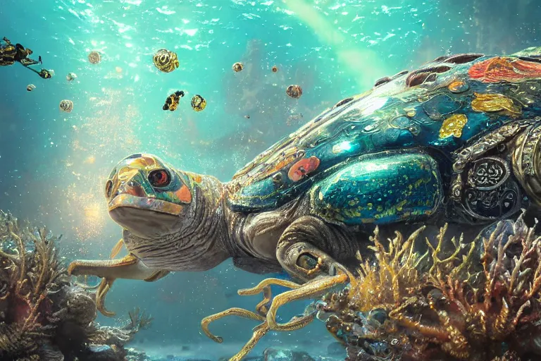 Prompt: beautiful painting of a huge caretta wearing an armour of jewels and golden beetles in ocean coral reef, water bubbles, intricate details, realistic shaded , steampunk, highly detailed, artstation, illustration by Greg Rutkowski and Ruan Jia , octane render, dynamic light, volumetric light, neon lights, cinematic mood