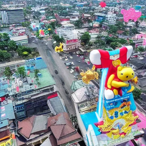 Prompt: Lucifer looking down on the Surabaya city from above when giant hello kitty battle mechas attacking