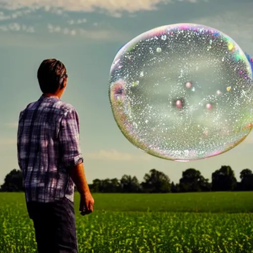 Image similar to a man in a field looking at multiverse bubbles in the sky