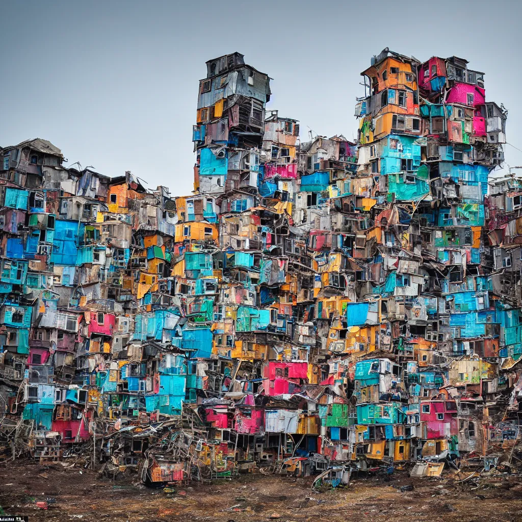 Image similar to a tower made up of colourful makeshift squatter shacks, dystopia, sony a 7 r 3, f 1 1, fully frontal view, photographed by richard avedon, ultra detailed,