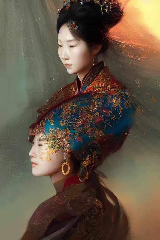 Image similar to chinese princess, gorgeous, portrait, intricate, elegant, volumetric lighting, scenery, digital painting, highly detailed, artstation, sharp focus, illustration, concept art, ruan jia, steve mccurry