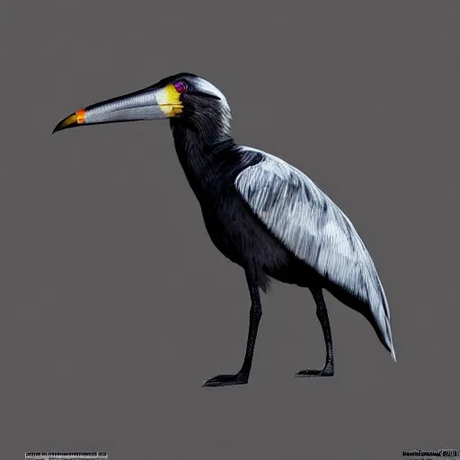 Image similar to black wood shoebill, photorealism, Unreal Engine, artstation with dark leafs around