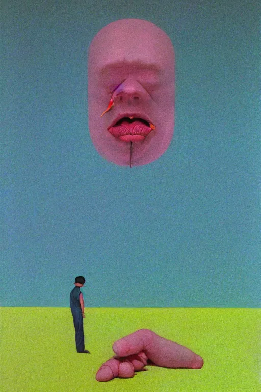 Image similar to man licks a tab of LSD acid on his tongue and experiences psychedelic hallucinations, by kawase hasui, moebius, Edward Hopper and James Gilleard, Zdzislaw Beksinski, Steven Outram colorful flat surreal design, hd, 8k, artstation