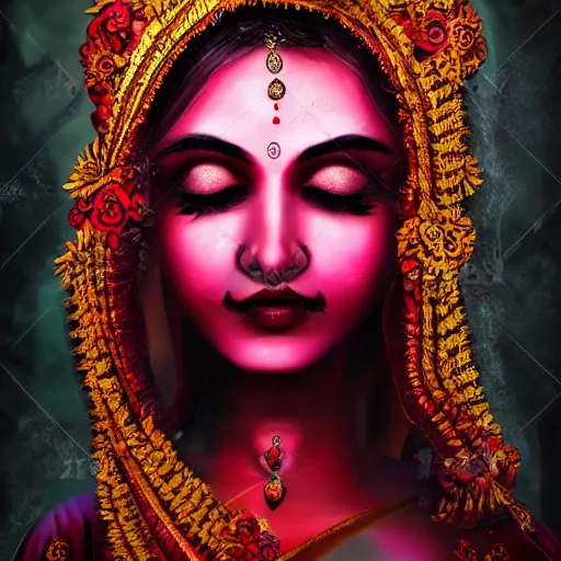 Image similar to beautiful Hindu lady of the dark with veil, in darkness, cover with blood, horror terrifying, soft light, surreal realistic, photorealistic, hyper details, full HD, 8k!