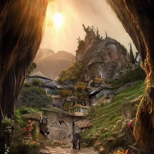 Image similar to my precious! - gollum / smeagol - the hobbit - j. r. r. tolkien - a medieval village in switzerland, ornate, beautiful, atmosphere, vibe, flowers, concept art illustration, greg rutowski, volumetric lighting, sunbeams, particles