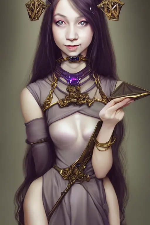 Image similar to portrait of a gorgeous young female artificer holding a strange device, looking at camera, D&D, choker on neck, stylish dress, mouth slightly open, cute slightly nerdy smile, very long flowing hair, intricate, elegant, stylish, fantasy, extremely detailed, digital painting, artstation, concept art, smooth, sharp focus, illustration, stunning lighting, art by artgerm and greg rutkowski and alphonse mucha and simon stalenhag