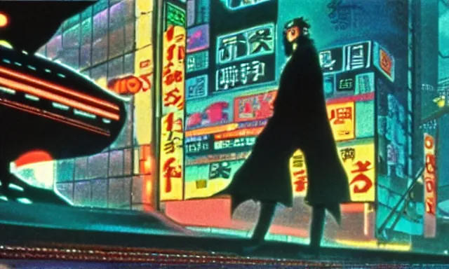 Prompt: full - color cinematic movie still from the 1 9 8 2 anime - adaptation by osamu tezuka of blade runner. science - fiction ; action ; neon ; gritty ; dystopian ; detective mystery.