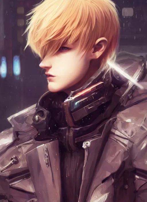 Prompt: smirking blonde teenage boy rouge assassin, wearing cyberpunk intricate techwear clothing, beautiful, detailed portrait, cell shaded, 4 k, concept art, by wlop, ilya kuvshinov, artgerm, krenz cushart, greg rutkowski, pixiv. cinematic dramatic atmosphere, sharp focus, volumetric lighting, cinematic lighting, studio quality