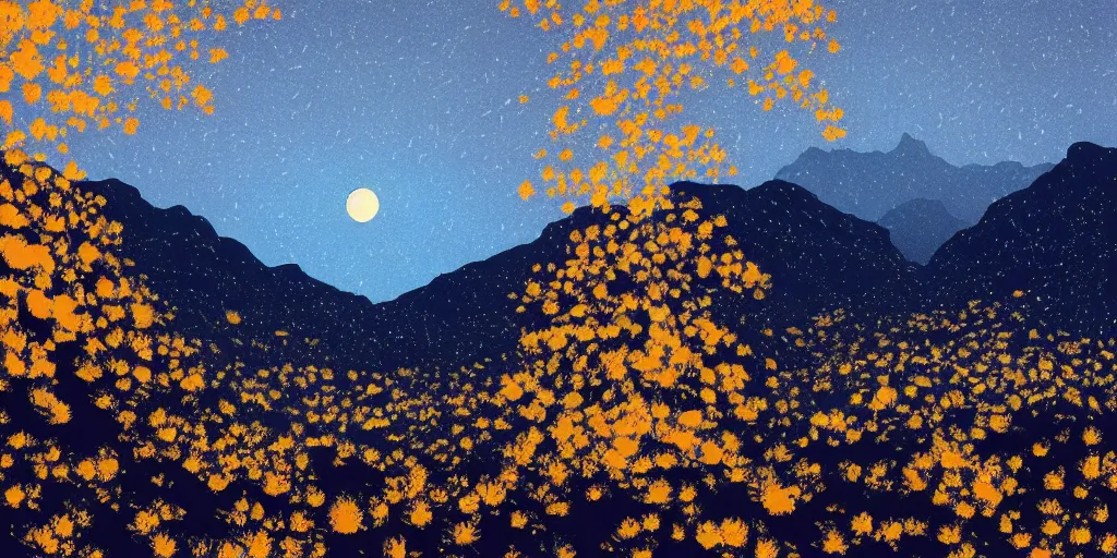 Image similar to mountain under the moonlight, the foot of the mountain is full of golden flowers and a giant golden tree, river reflections ， victo ngai, artstation, light effect - h 6 4 0