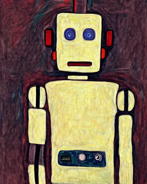 Image similar to portrait of a robot on the sofa, in the style of Egon Schiele