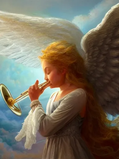 Prompt: a beautiful angel blowing a trumpet. apocalyptcal background, end of the world. intricate, elegant, highly detailed, digital painting, artstation, concept art, sharp focus, illustration, by justin gerard and artgerm, 8 k