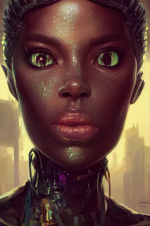 Image similar to ultra realistic illustration, dappled lighting, closeup portrait shot, perfect lighting, hacknaut cyberpunk, sci - fi, fantasy, intricate, elegant, deviantart, highly detailed, digital painting, artstation, concept art, black person, smooth, sharp focus, illustration, art by artgerm and greg rutkowski and alphonse mucha