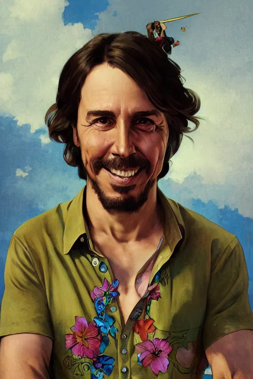 Prompt: Pablo Iglesias portrait, smiling, highly detailed, digital painting, artstation, sharp focus, illustration, with Hawaiian shirt, art by Greg Rutkowski, Norman Rockwell and Alphonse Mucha,