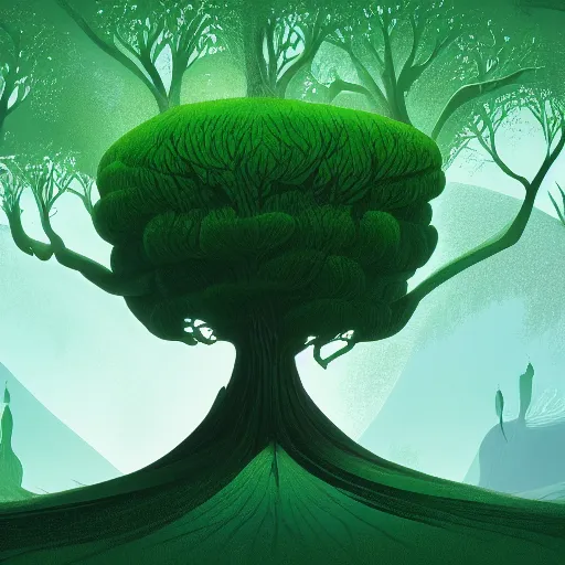 Prompt: a tree of the magical world, green tones, animated film, stylised, illustration,, fantasy art, 2 d game art, by eyvind earle, scott wills, genndy tartakovski, roman shipunov, etienne hebinger, atey ghailan, cgsociety, cynical realism